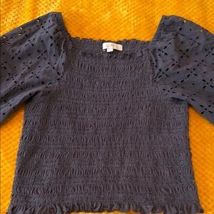 LOFT Dark Gray Eyelet Puff Sleeve Blouse